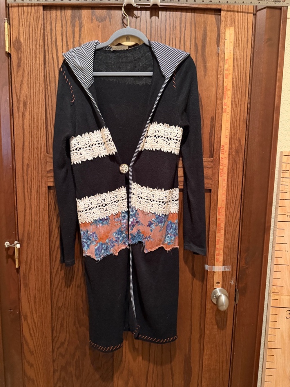 Black Hooded Longline Sweater with Lace and Floral Trim